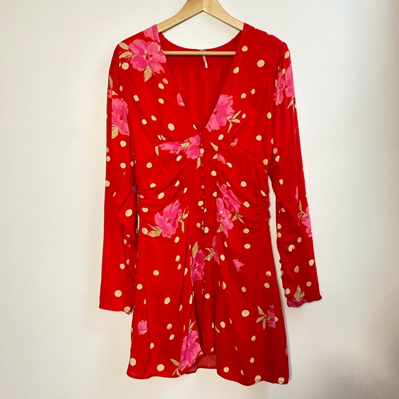 Free People Date Night Floral Polka Dot Mini Dress in Strawberry - Picture 2 of 7